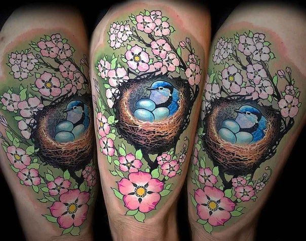 Illustrative Bird, Nest tattoo on Thigh