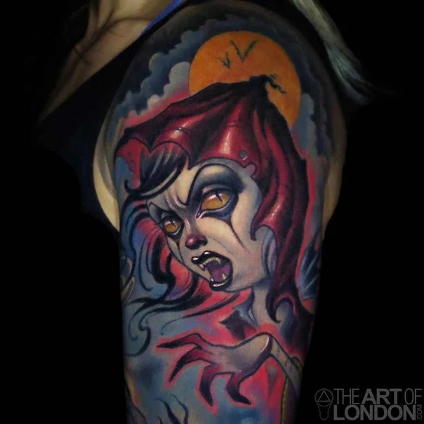 Neo Traditional Clown, Moon tattoo on Upper Arm