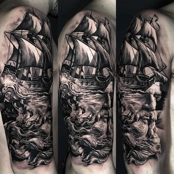 Realism Ship, Sea tattoo on Full Sleeve