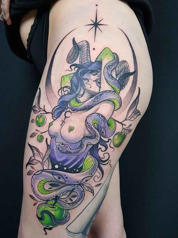 female color illustrative Tatuaggio su thigh #14021 | Tatuatore Kati Berinkey