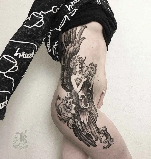 Чёрно-серая Angel, Wings tattoo на Side