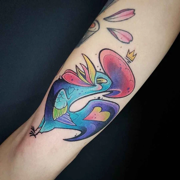 Illustrative Bird, Crown tattoo on Forearm