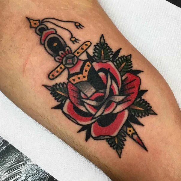 Traditional Rose, Dagger tattoo on Forearm