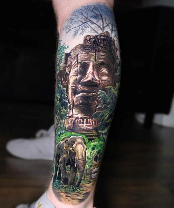 Realism Face, Elephant tattoo on Calf