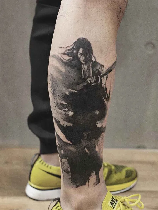 men black watercolor Tatuaggio su leg #14335 | Tatuatore Chen Jie