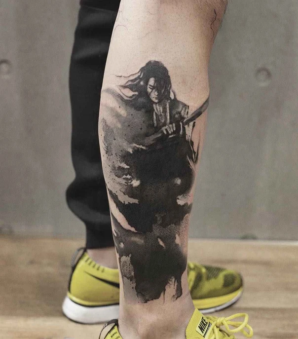 Blackwork Figure tattoo on Calf