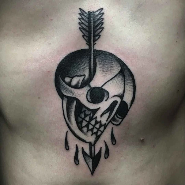Blackwork Skull, Arrow tattoo on Chest