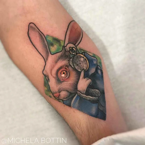 Illustrative Rabbit, Clock tattoo on Forearm