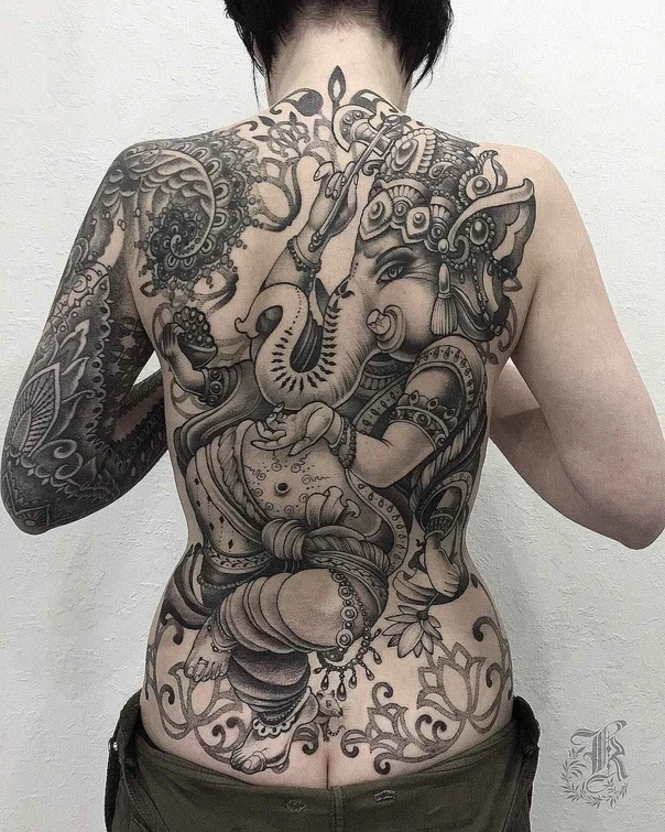 Блэкворк Ganesha, Mandala tattoo на Спина (полная)