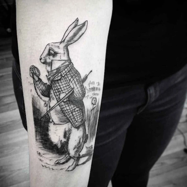 Black & Grey Rabbit, Clock tattoo on Forearm