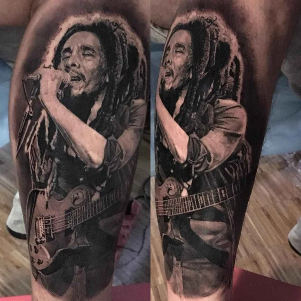 Realism Portrait, Guitar tattoo on Calf