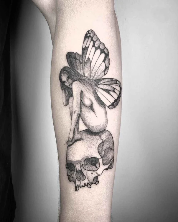 Black & Grey Skull, Fairy tattoo on Forearm