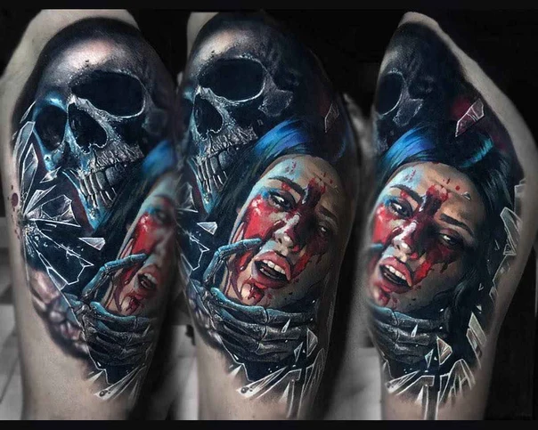 Realism Skull, Portrait tattoo on Thigh