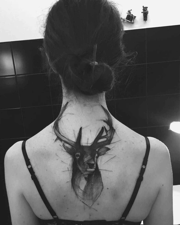 Sketch Deer tattoo on Upper Back