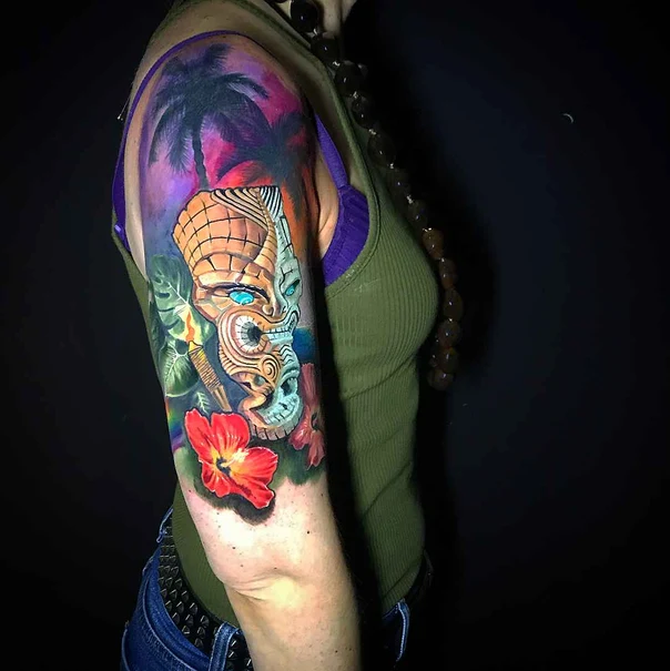 Illustrative Tiki, Flowers tattoo on Full Sleeve