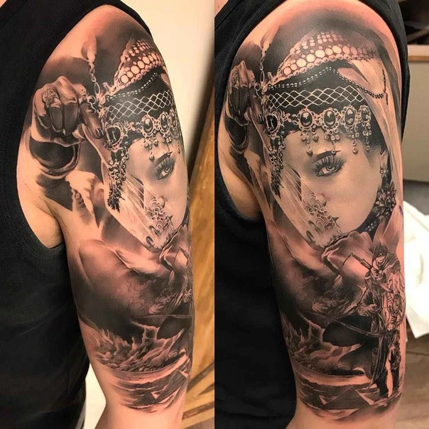Realism Portrait, Woman tattoo on Full Sleeve