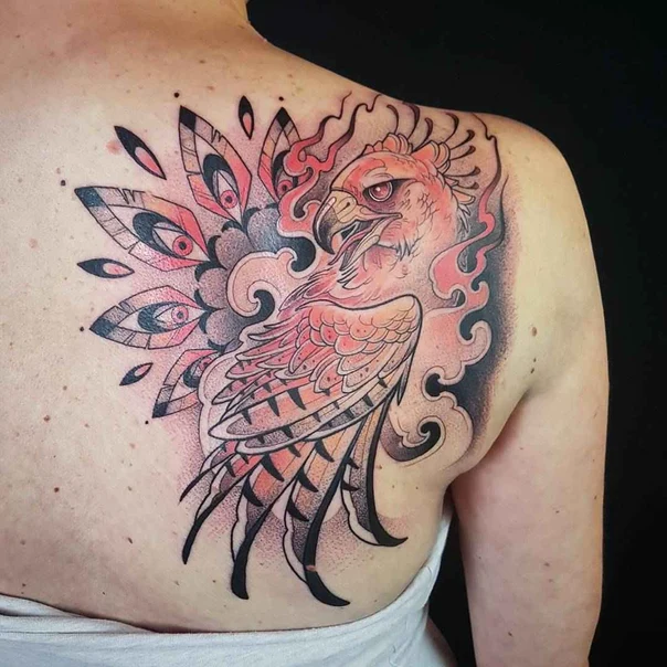 Neo Traditional Phoenix, Eyes tattoo on Shoulder Blade
