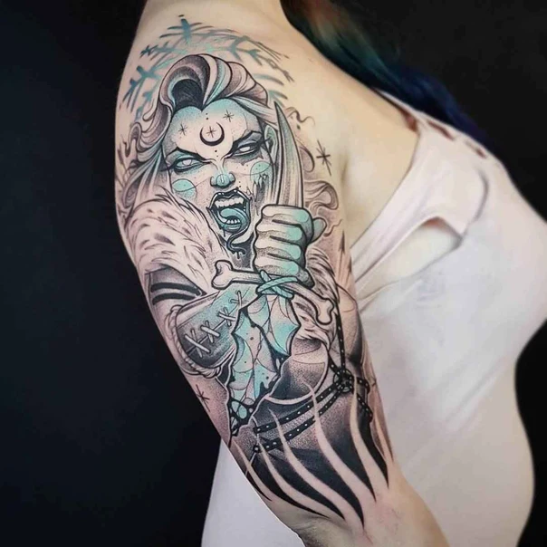 Illustrative Woman, Knife tattoo on Full Sleeve
