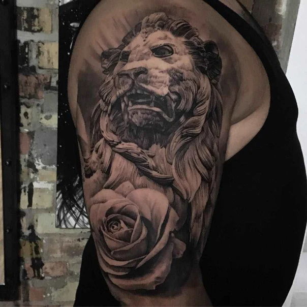 Realism Lion, Rose tattoo on Upper Arm