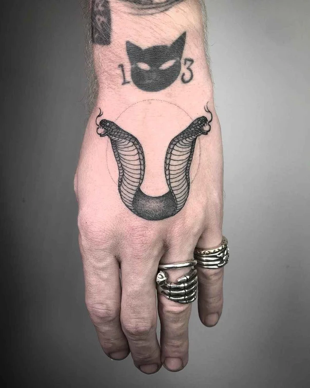 Blackwork Snake, Cat tattoo on Back of Hand