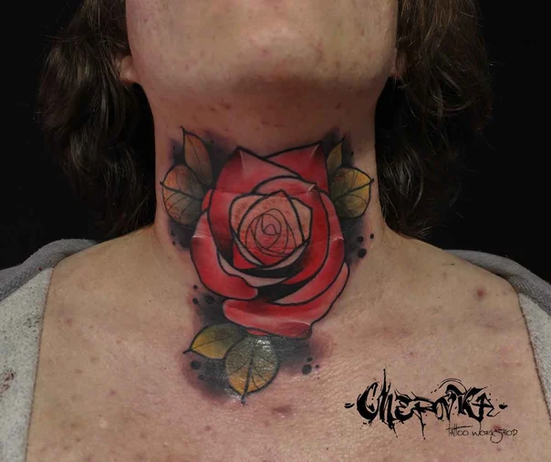 Нео-традиционная Rose, Botanic tattoo на Throat