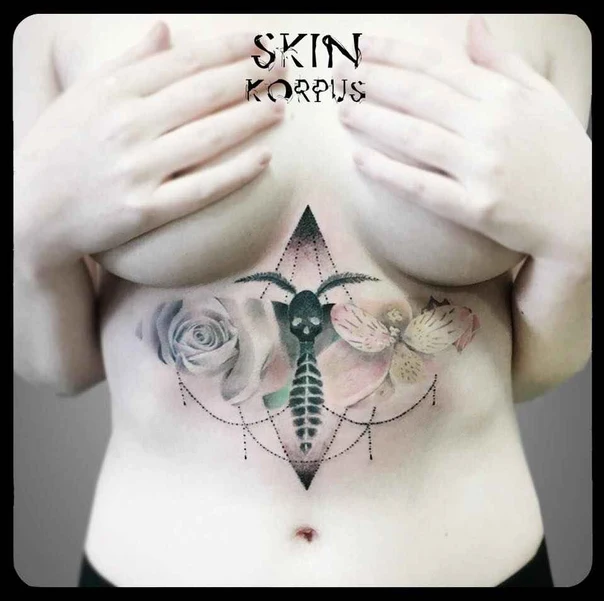Illustrative Rose, Insect tattoo on Sternum