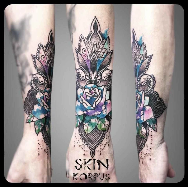 Watercolor Rose, Mandala tattoo on Forearm