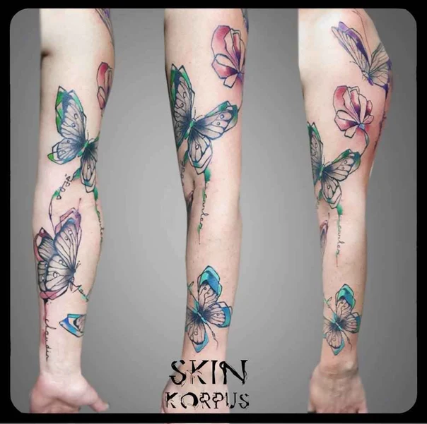 Watercolor Butterfly, Botanic tattoo on Full Sleeve