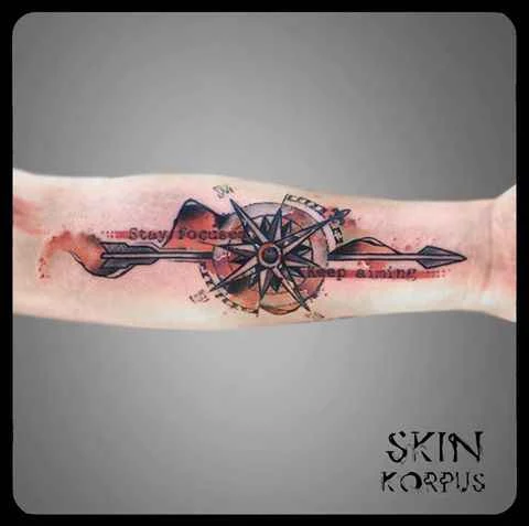 Watercolor Compass, Arrow tattoo on Forearm