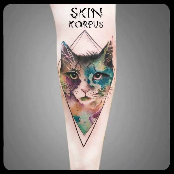 Watercolor Cat, Geometric tattoo on Forearm