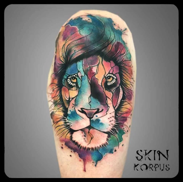 Watercolor Lion, Portrait tattoo on Upper Arm