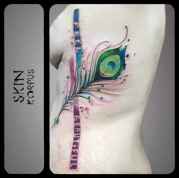 Watercolor Feather, Text tattoo on Ribcage