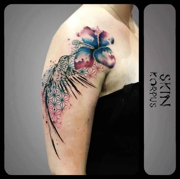 Watercolor Hummingbird, Flower tattoo on Shoulder