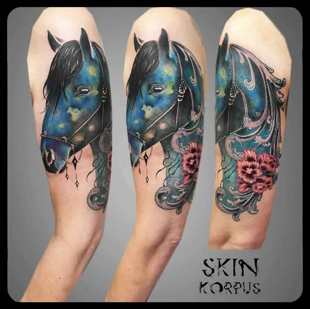 Illustrative Horse, Flowers tattoo on Full Sleeve