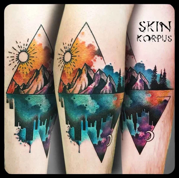 Watercolor Mountain, Sun tattoo on Calf