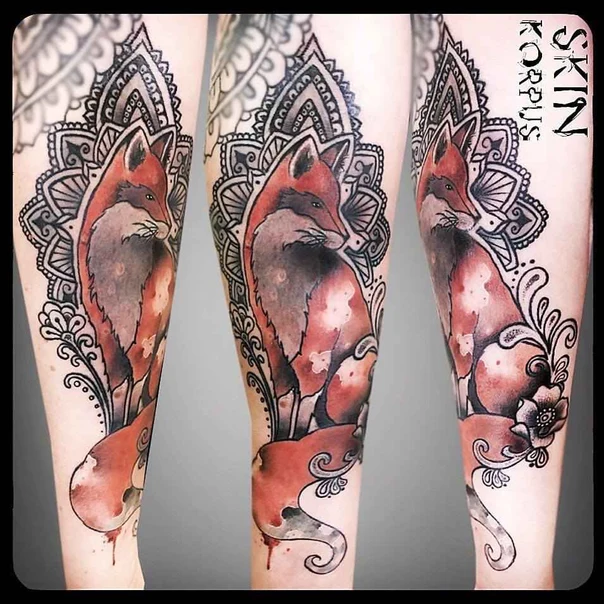 Watercolor Fox, Mandala tattoo on Forearm