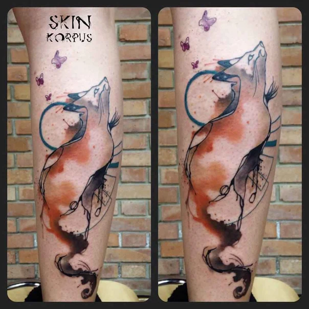 Watercolor Wolf, Butterfly tattoo on Calf