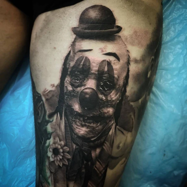 Realism Clown, Portrait tattoo on Thigh