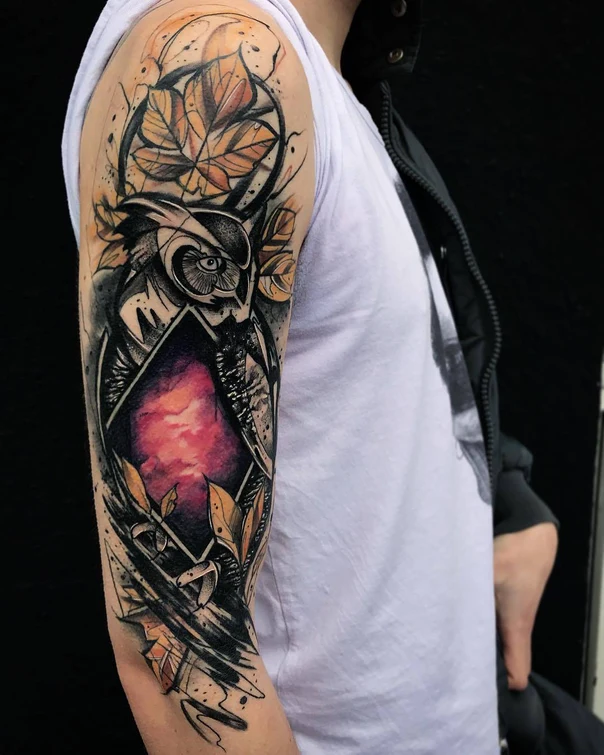 Illustrative Owl, Leaves tattoo on Full Sleeve