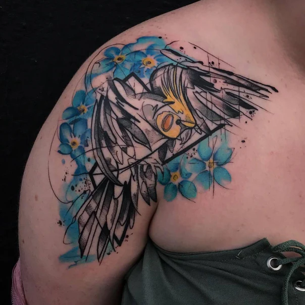 Sketch Bird, Flowers tattoo on Shoulder