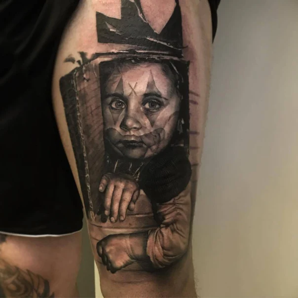 Black & Grey Portrait, Face tattoo on Thigh