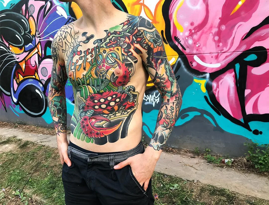 Tatuagem de artista de grafite Davee Blows, design de grafite colorido nova escola tatuagem