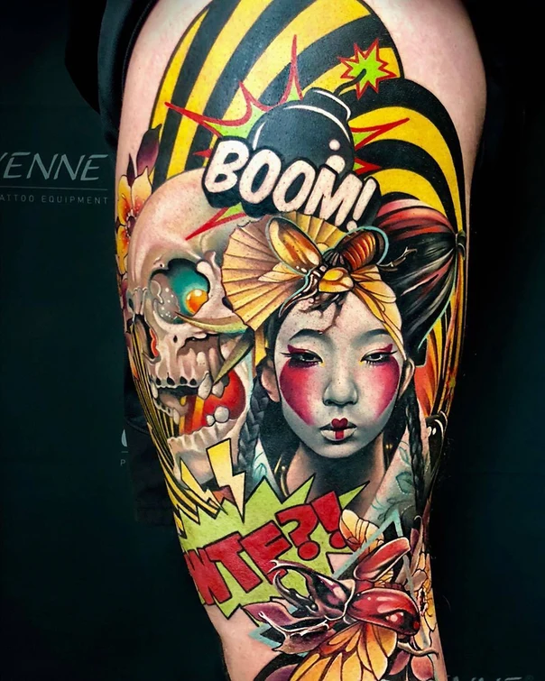 Нью-скул Skull, Geisha tattoo на Thigh