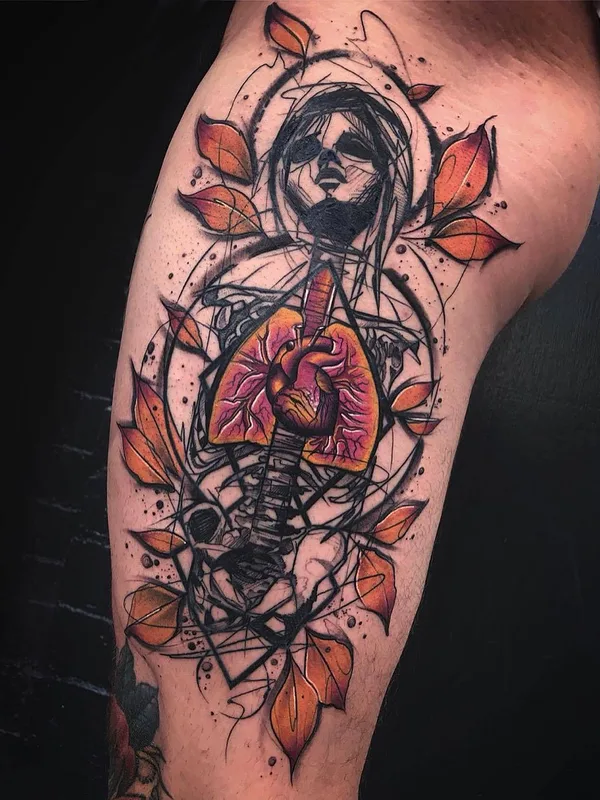 color illustrative tattoo on thigh #26103 | Tattoo Artist Tom Petucco