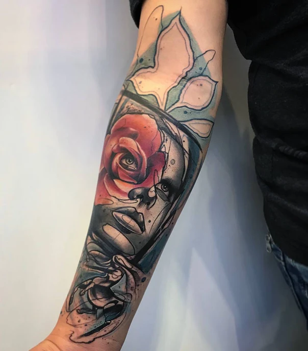 Illustrative Rose, Face tattoo on Forearm