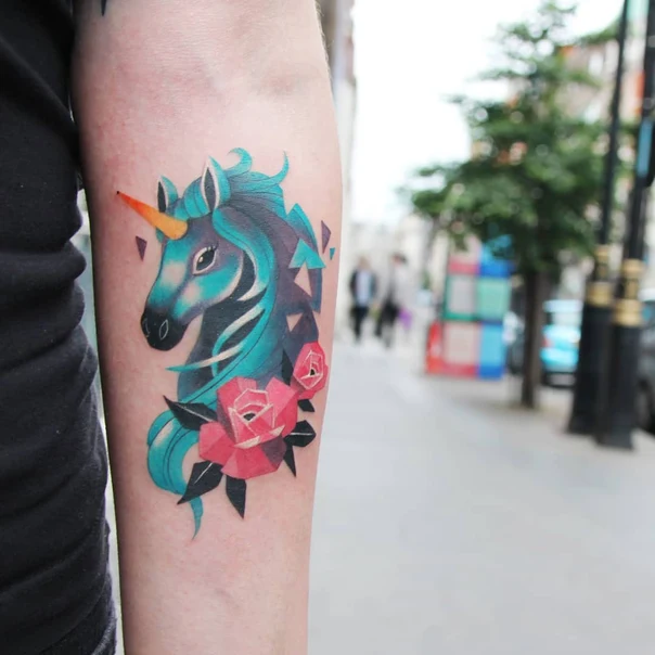 Geometric Unicorn, Roses tattoo on Forearm