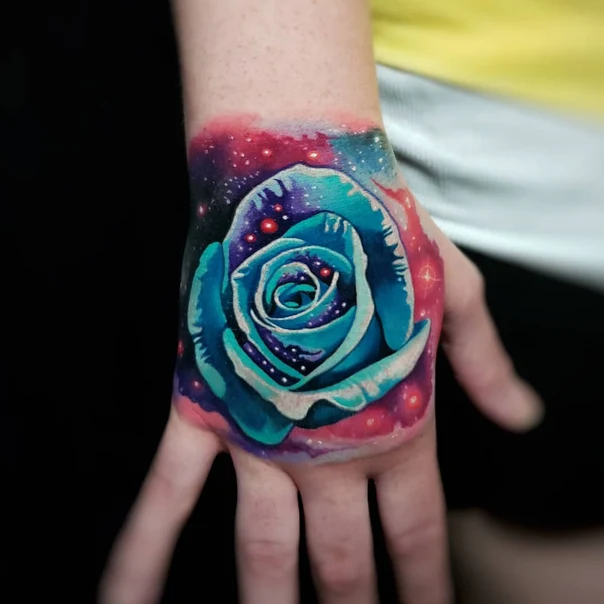 Watercolor Rose, Galaxy tattoo on Hand