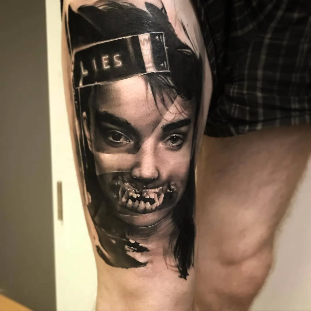 Tattoo artist Neon Judas, black&grey horror portrait realistic tattoo | Germany  