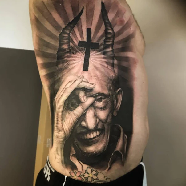 Realism Portrait, Horns tattoo on Side
