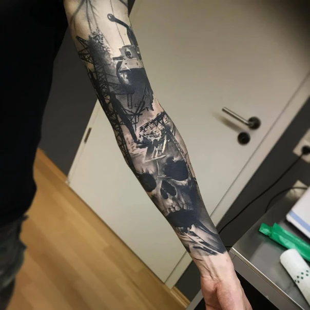 Black & Grey Skull, Industrial tattoo on Full Sleeve